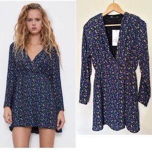 Zara Mini Dress | Boho Floral Print | Women’s XS | Shoulder Pads | Long Sleeve